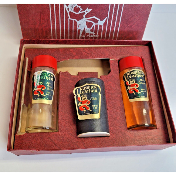 Vintage Box Set 1970's Russian Leather FULL Cologne After Shave & Tale Talcum